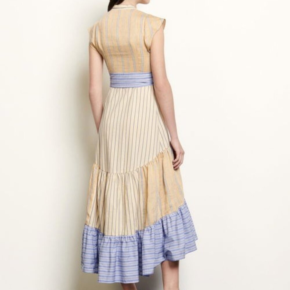 Sandro Rosanda Paneled Striped Linen Blend Midi Dress Size 4 - Picture 2 of 2
